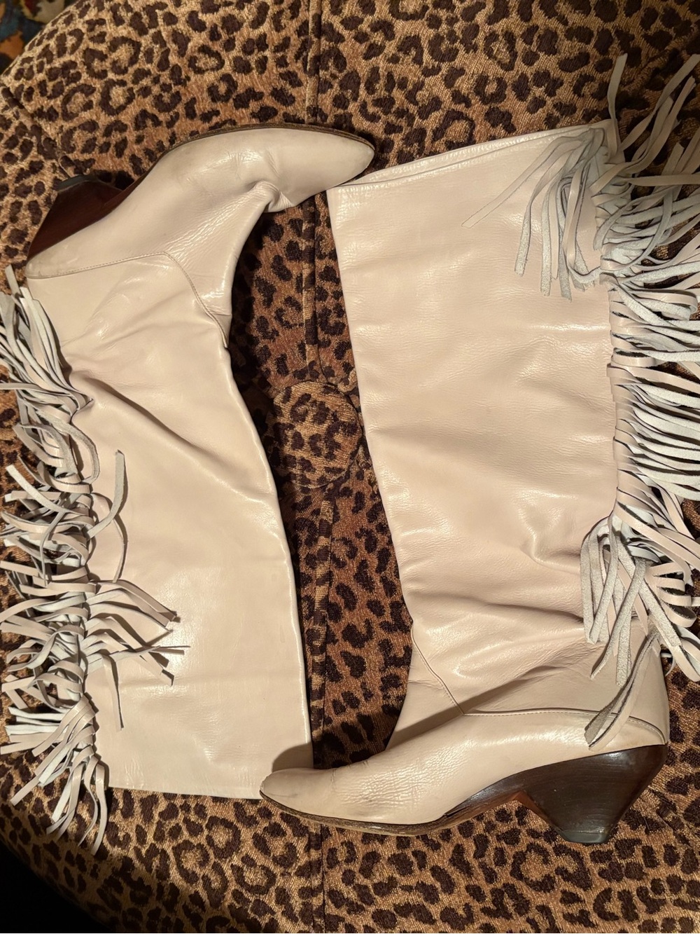 Fringe Knee-High Leather Boots in Light Beige